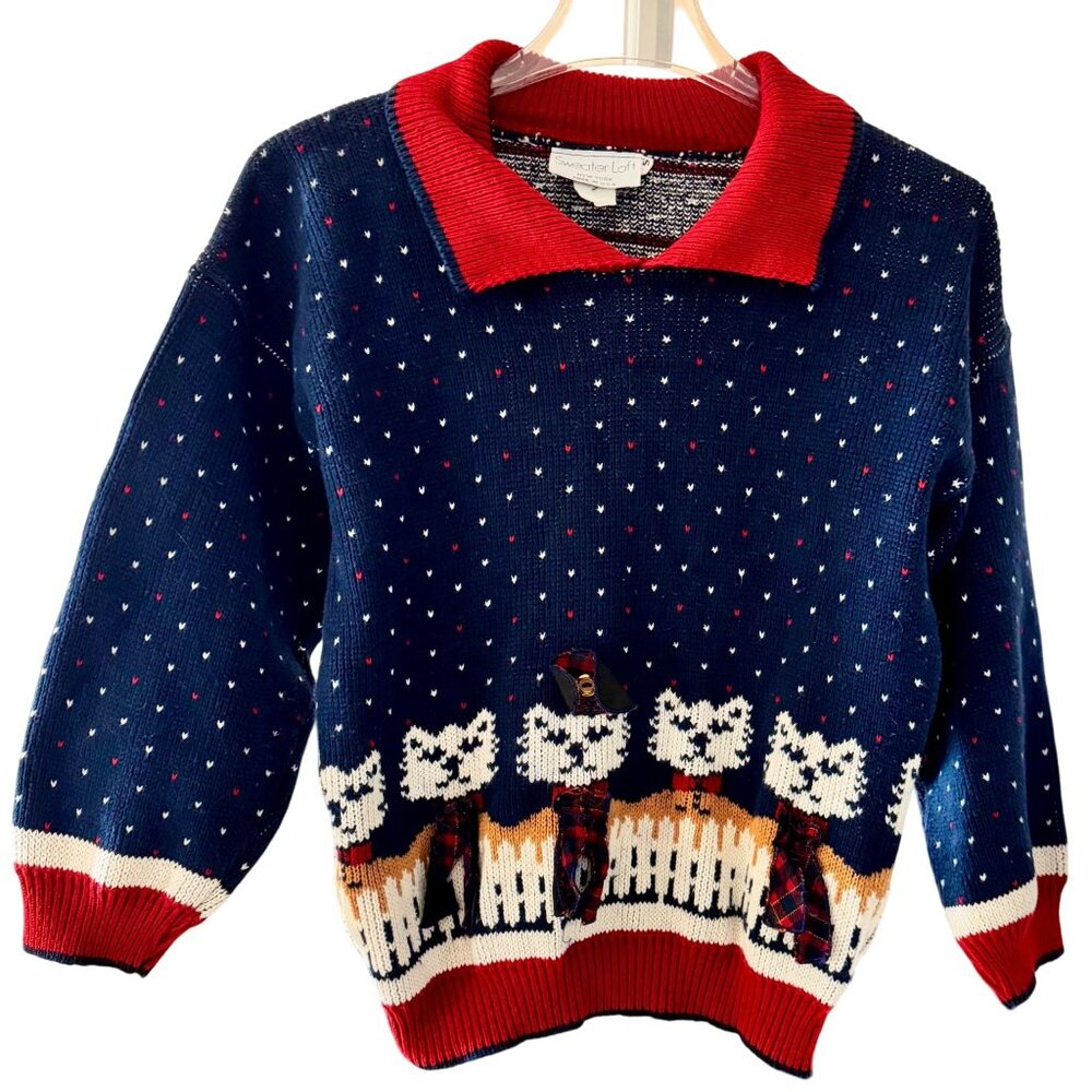 Vintage Sweater Loft Womens Small Cat Pattern Knit Sweater Navy Red Made in USA